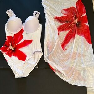 White One-Piece Swimsuit with Bold Red Floral Print, cover up skirt included